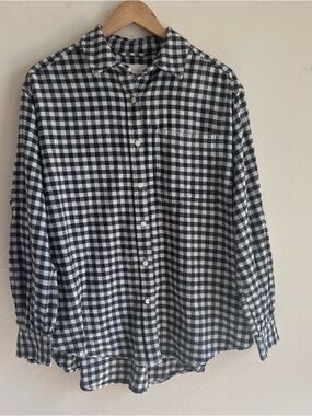 aerie Black and White Checkered Gingham Flannel Long-Sleeve Button-Down Shirt